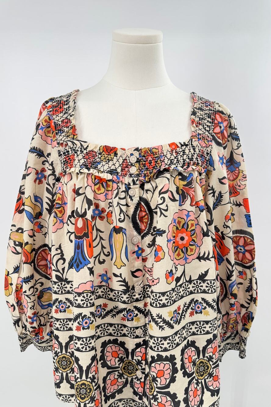 Cara Cara Charleston Square Neck Blouse Turtledove Botanical Floral Top S